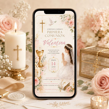 Primera Comunión Invitation with Pink Flowers and Praying Girl — print-ready first communion design from VoltBy
