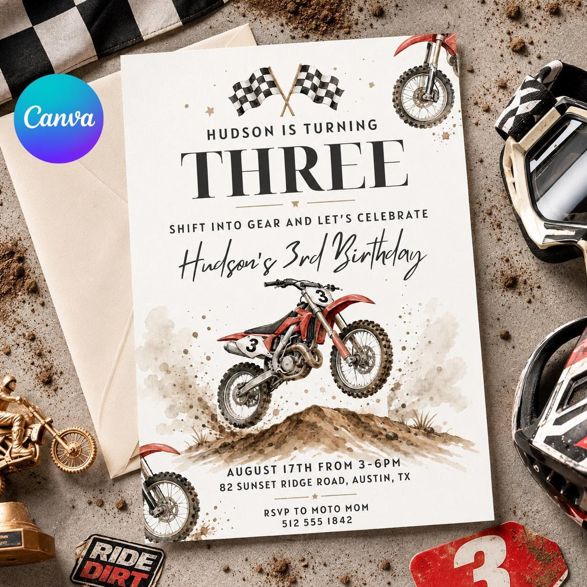 Dirt Bike 3rd Birthday Invitation with Checkered Flags — editable Canva template