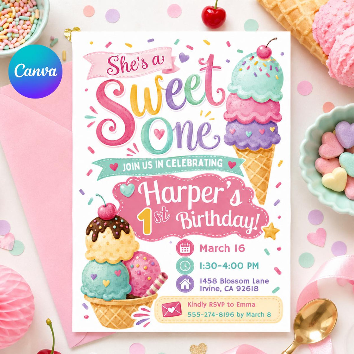 She's a Sweet One Ice Cream Birthday Invitation — editable Canva template