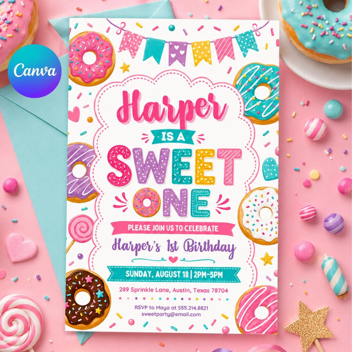 Colorful Donut Sweet One First Birthday Invitation — editable Canva template