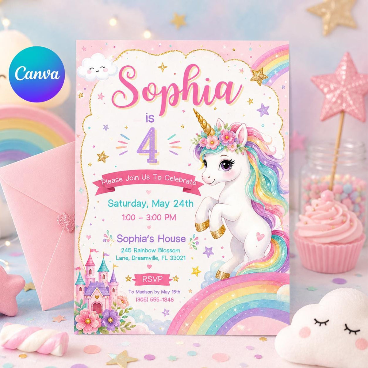 Pastel Unicorn 4th Birthday Invitation with Floral Crown — editable Canva template