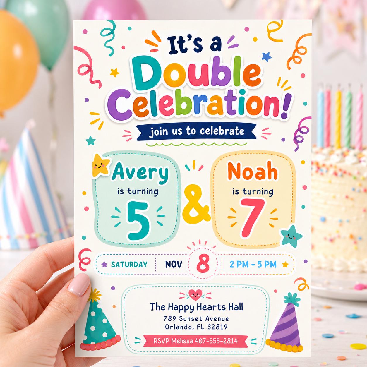 Double Celebration Invitation, Joint Birthday Invitation, Sibling Birthday Party, Printable Double Birthday Invite, Editable Canva Template __etsy:8002116676