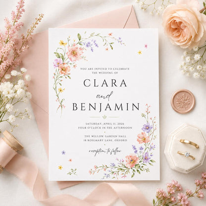 Fine Wildflower Wedding Invitation — invitation you personalize in Canva
