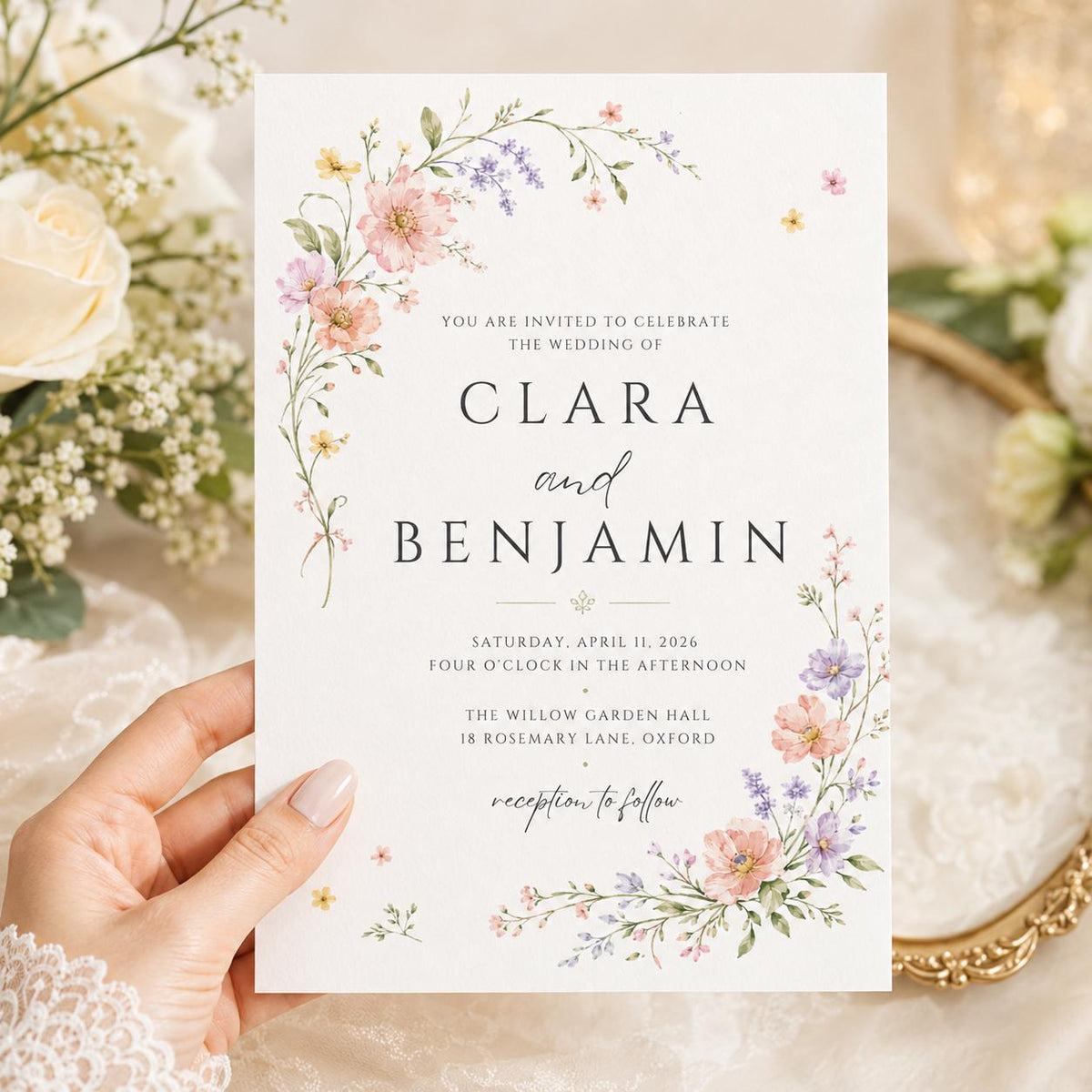 Fine Wildflower Wedding Invitation — print-ready wedding design from VoltBy