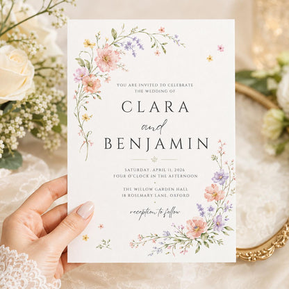 Fine Wildflower Wedding Invitation — print-ready wedding design from VoltBy