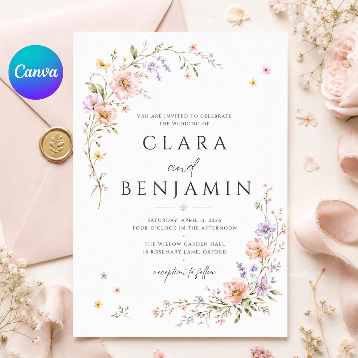 Fine Wildflower Wedding Invitation — editable Canva template
