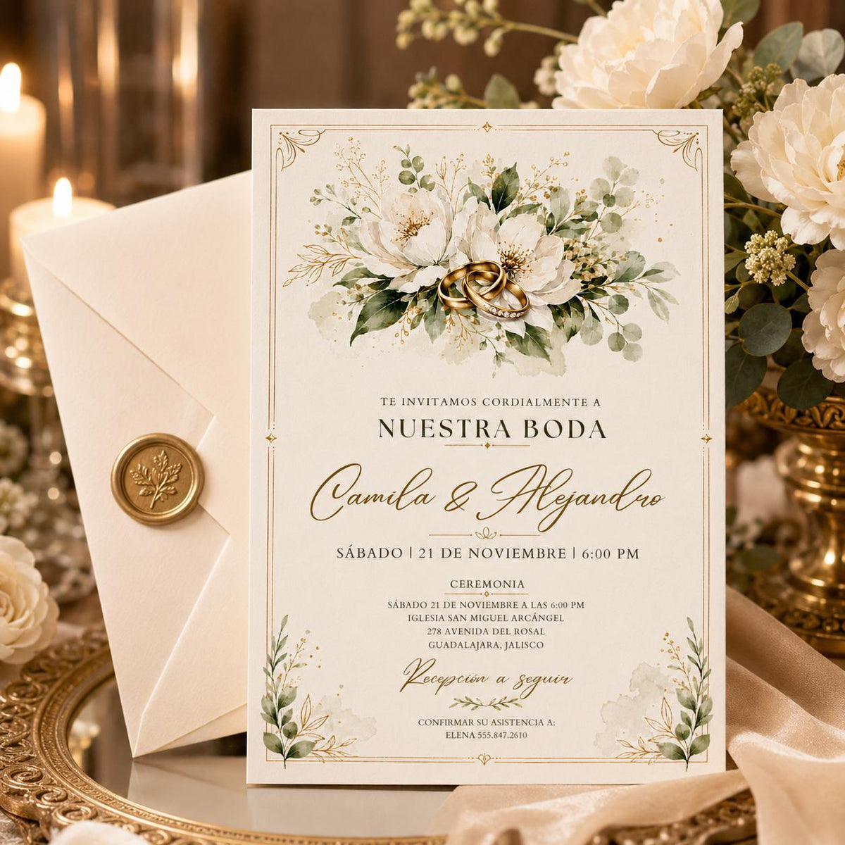 Spanish Wedding Invitation with White Flowers and Gold Rings — floral wedding design