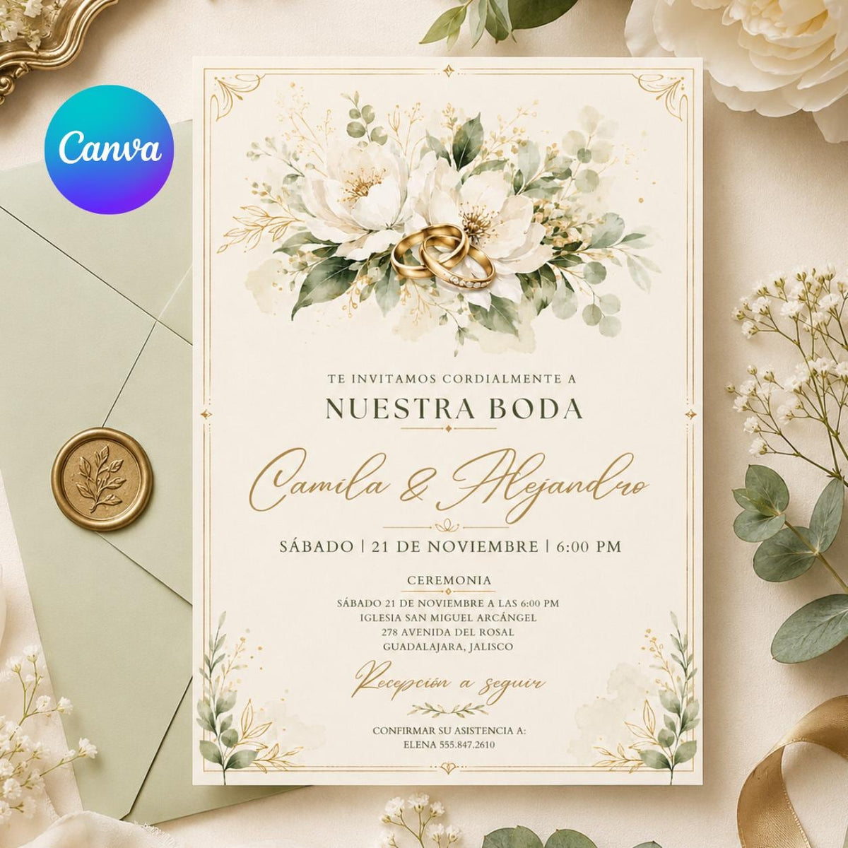 Spanish Wedding Invitation with White Flowers and Gold Rings — editable Canva template
