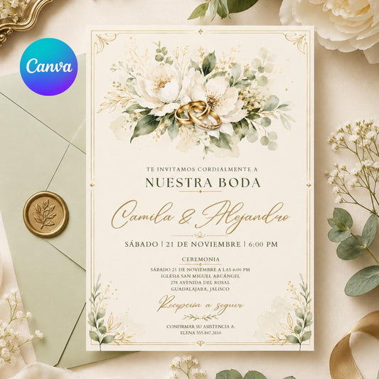 Spanish Wedding Invitation with White Flowers and Gold Rings — editable Canva template