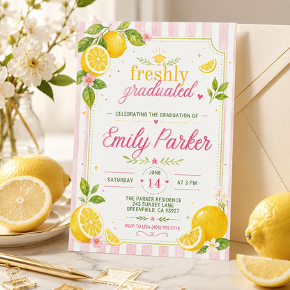 Freshly Graduated Graduation Invitation 2026 - Custom Lemon High School Grad Announcement & Party Invite, Editable Canva Template __etsy:8002457012