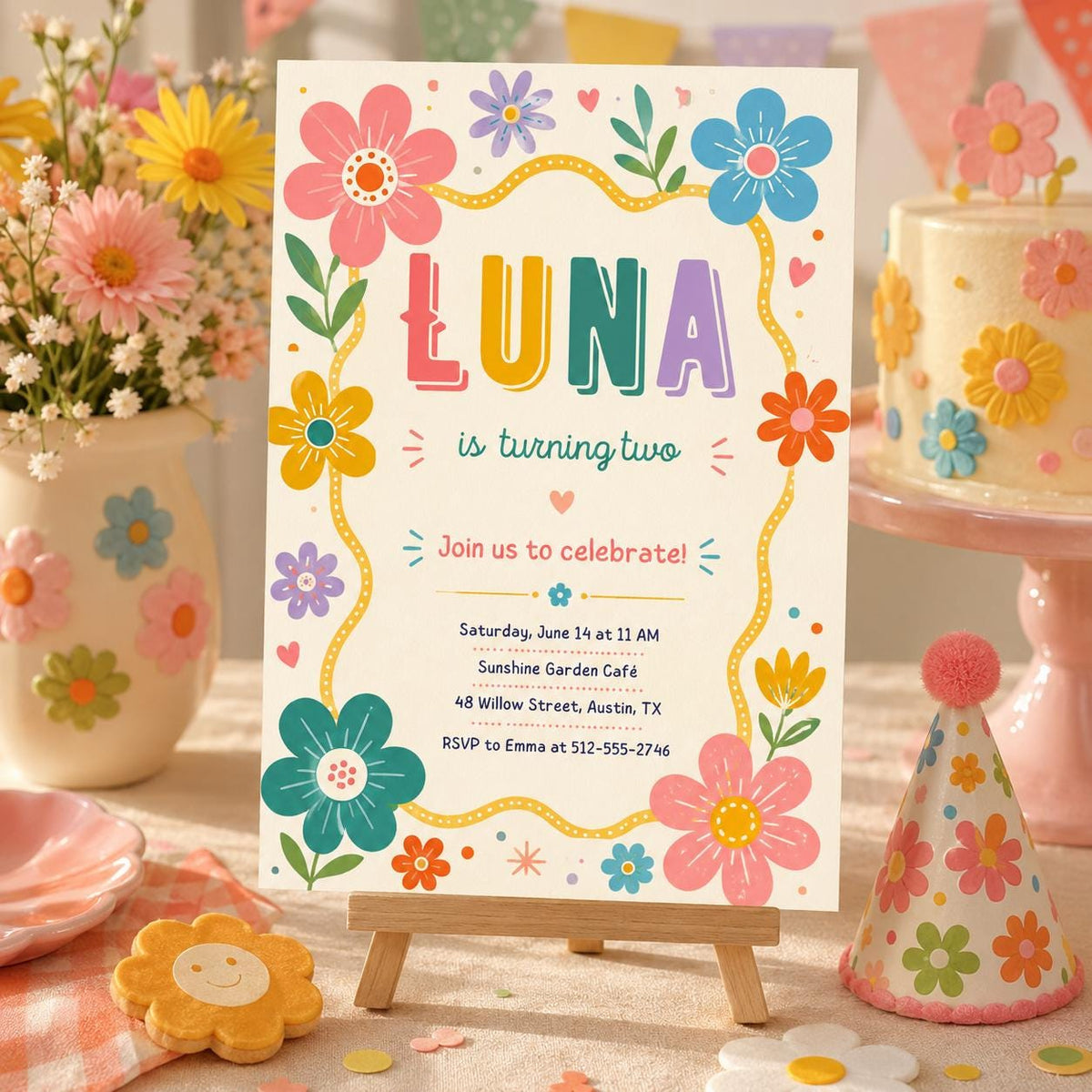 Bright Wildflower 2nd Birthday Invitation with Wavy Yellow Frame — invitation you personalize in Canva