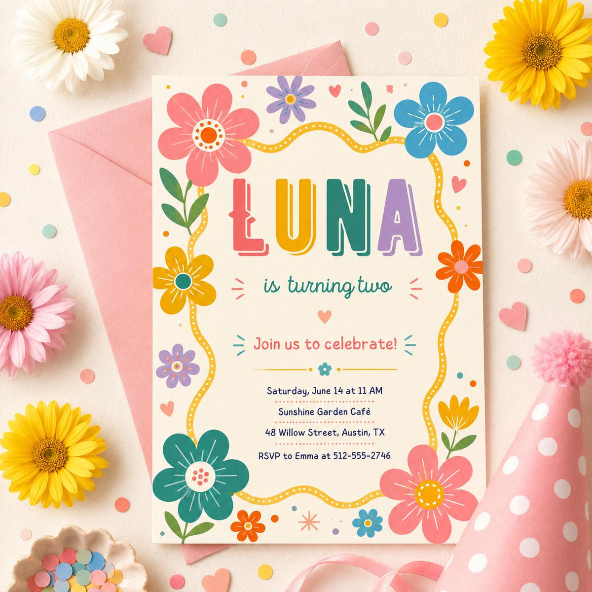 Bright Wildflower 2nd Birthday Invitation with Wavy Yellow Frame — print-ready 2nd birthday party design from VoltBy