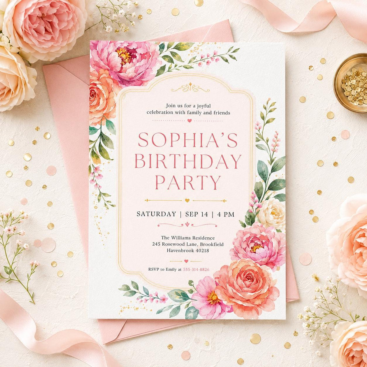 Garden Floral Birthday Invitation with Pink Roses — invitation you personalize in Canva