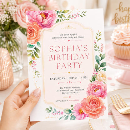 Garden Floral Birthday Invitation with Pink Roses — digital invitation, instant download