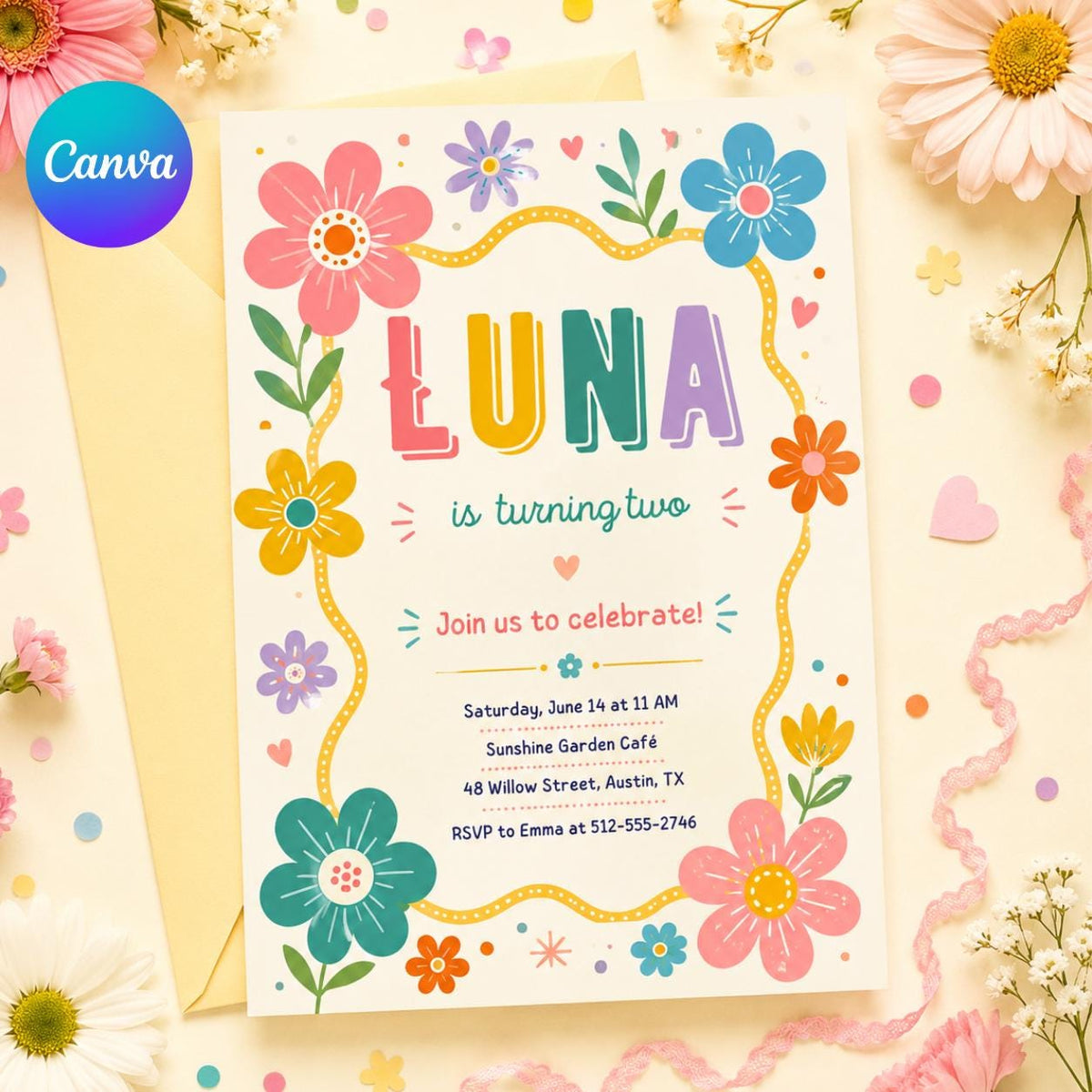Bright Wildflower 2nd Birthday Invitation with Wavy Yellow Frame — editable Canva template