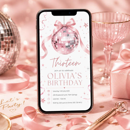 Disco 13th Birthday Invitation Girl, Disco Ball Invite Template for 13 Birthday Party, Pink Bow Disco Ball Theme, Editable Canva Template __etsy:8003573054