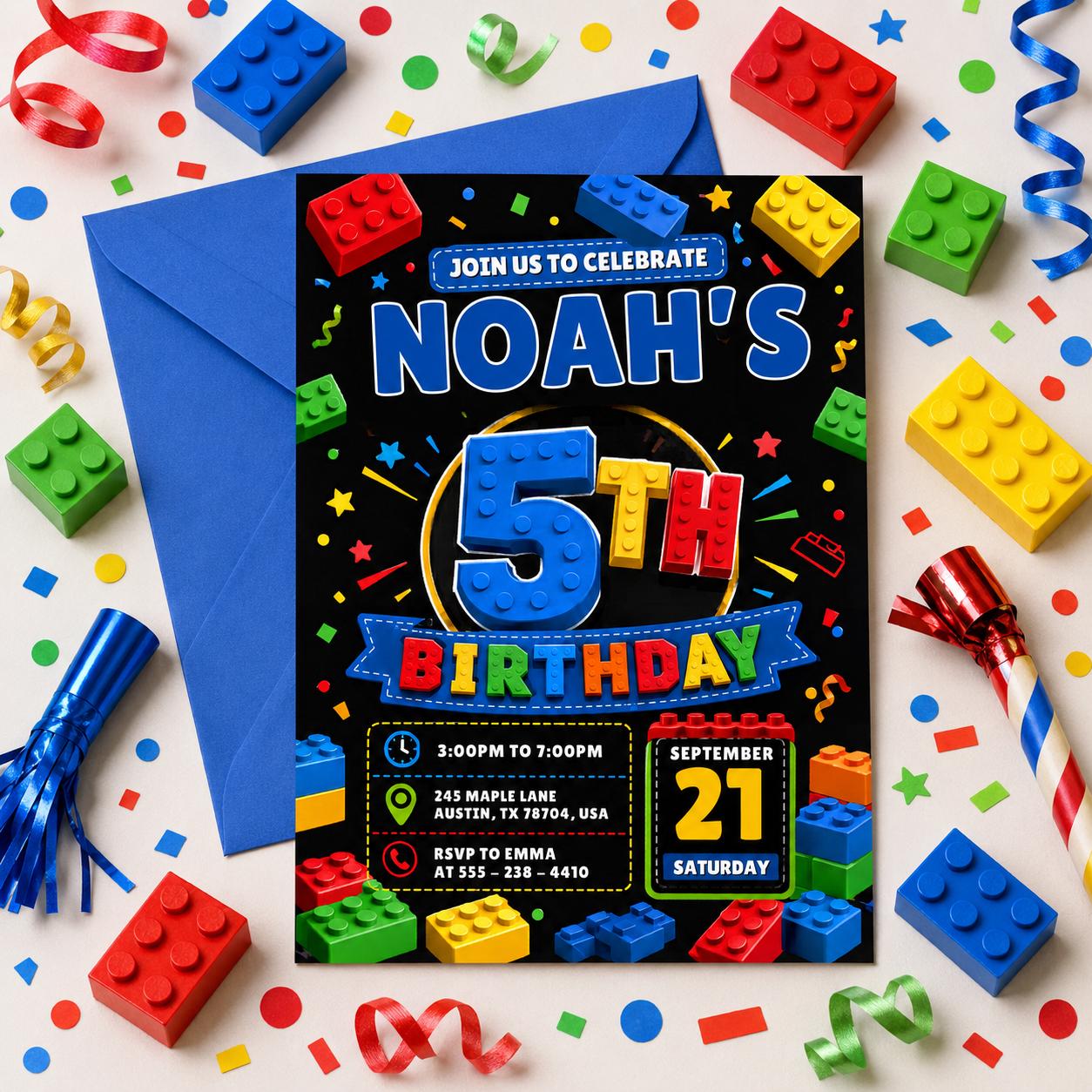 5th Birthday Building Blocks Invitation, Bricks Party Invite, Master Builder, Boy Birthday Invitation, Editable Canva Template __etsy:8003575888