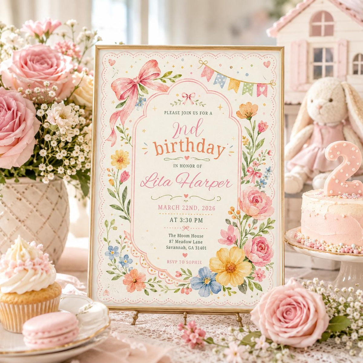 Watercolor Wildflower 2nd Birthday Invitation with Pink Bow — garden design