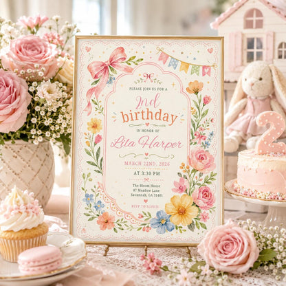 Watercolor Wildflower 2nd Birthday Invitation with Pink Bow — garden design