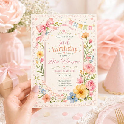 Watercolor Wildflower 2nd Birthday Invitation with Pink Bow — invitation you personalize in Canva