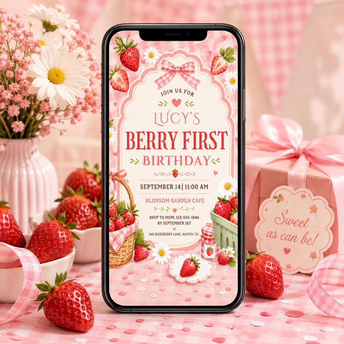 Berry First Birthday Invitation with Gingham Bow — daisy design