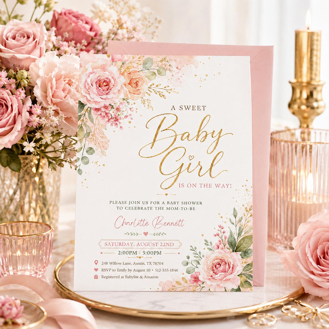 Blush Pink Baby Shower Invitation girl, pink floral, sweet baby girl, Baby Girl Shower Invite Template, Floral Watercolor, Canva Template __etsy:8003749218