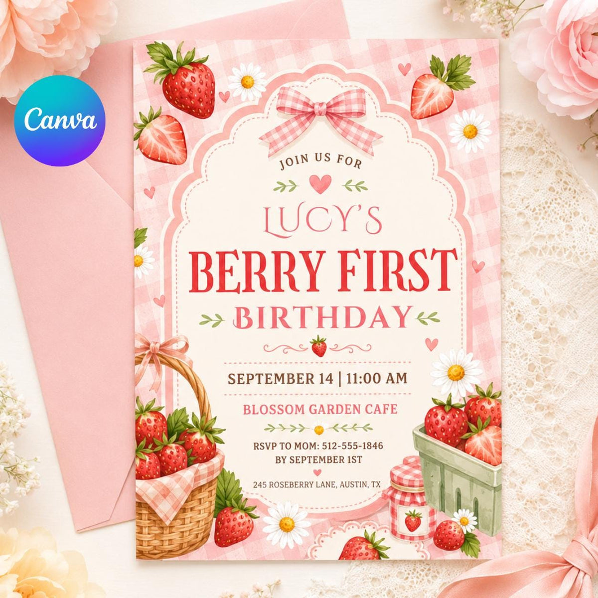 Berry First Birthday Invitation with Gingham Bow — editable Canva template