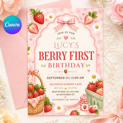 Berry First Birthday Invitation with Gingham Bow — editable Canva template
