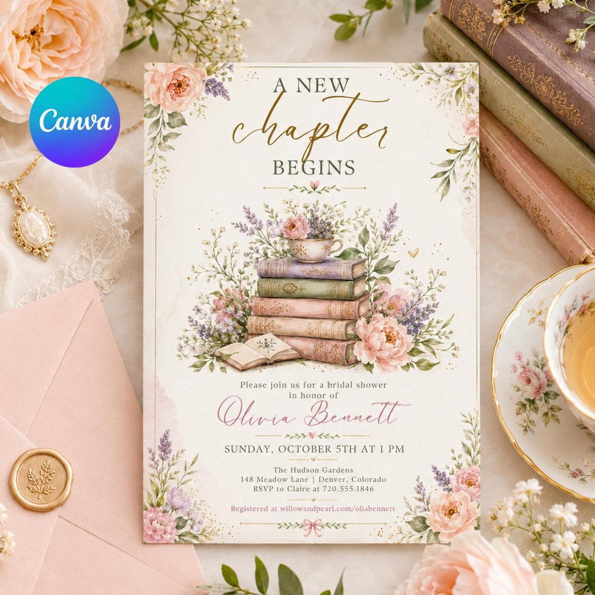 Stacked Books and Teacup Bridal Shower Invitation — editable Canva template