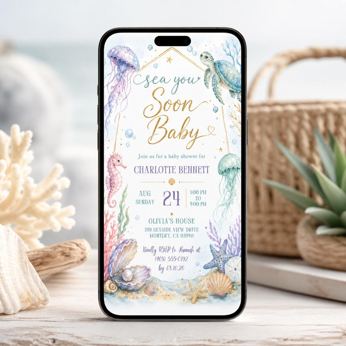 Blue and Gold Sea You Soon Baby Shower Invitation — invitation you personalize in Canva