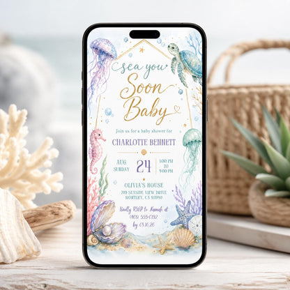 Blue and Gold Sea You Soon Baby Shower Invitation — invitation you personalize in Canva