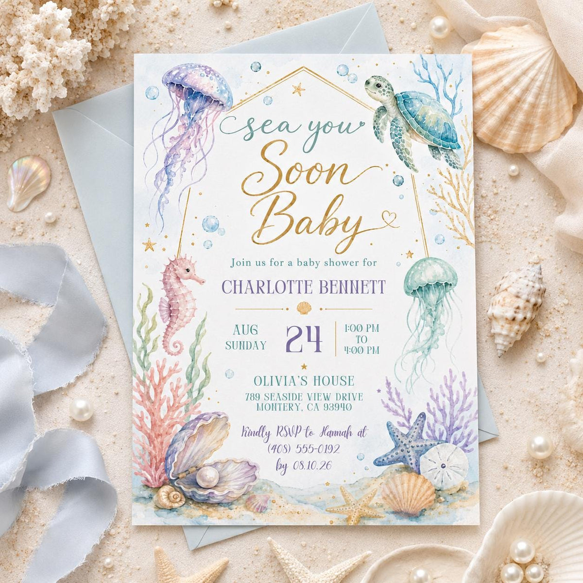 Blue and Gold Sea You Soon Baby Shower Invitation — print-ready baby shower design from VoltBy