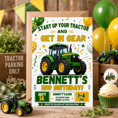 Get in Gear Tractor 3rd Birthday Invitation — balloon and confetti design