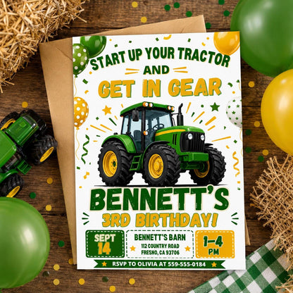 Get in Gear Tractor 3rd Birthday Invitation — balloon and confetti artwork in green and white