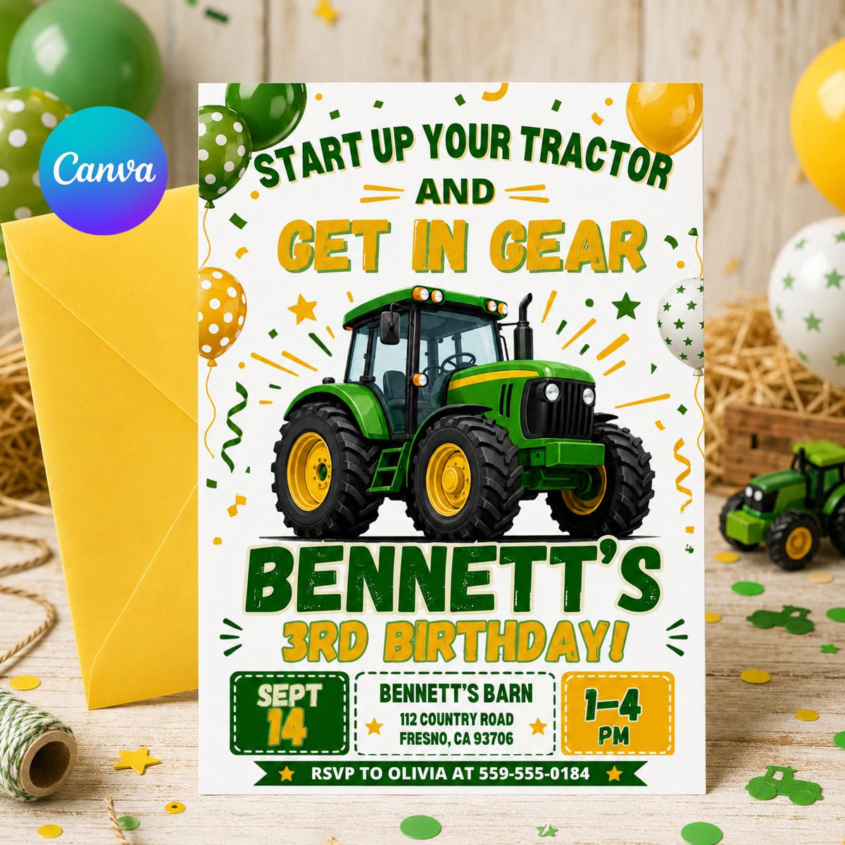 Get in Gear Tractor 3rd Birthday Invitation — editable Canva template