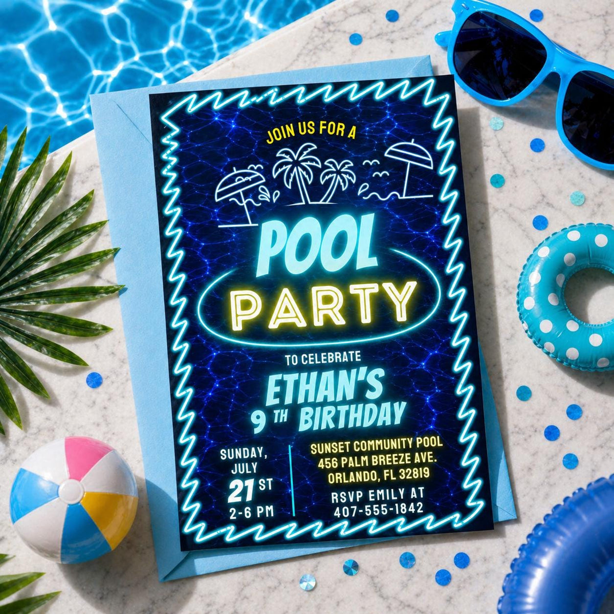 Neon Pool Party 9th Birthday Invitation — invitation you personalize in Canva