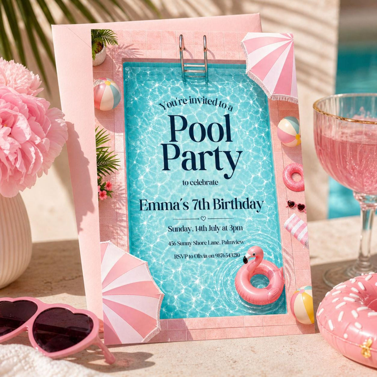 Pool Party 7th Birthday Invitation with Pink Striped Border — invitation you personalize in Canva
