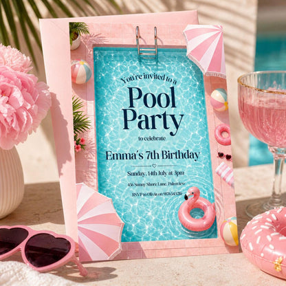 Pool Party 7th Birthday Invitation with Pink Striped Border — invitation you personalize in Canva