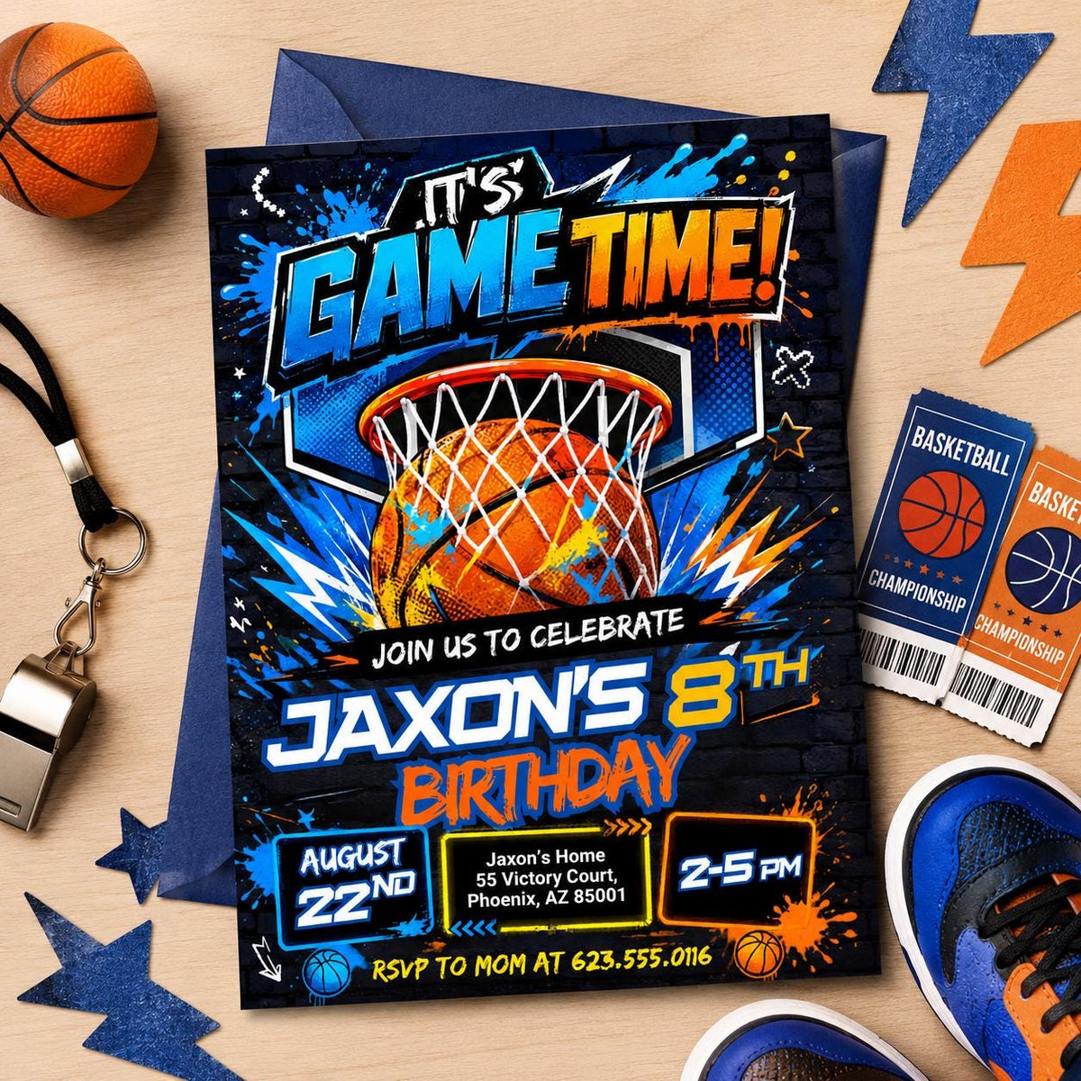 Blue and Orange Basketball 8th Birthday Invitation — print-ready 8th birthday party design from VoltBy