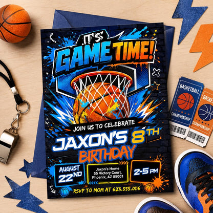 Blue and Orange Basketball 8th Birthday Invitation — print-ready 8th birthday party design from VoltBy