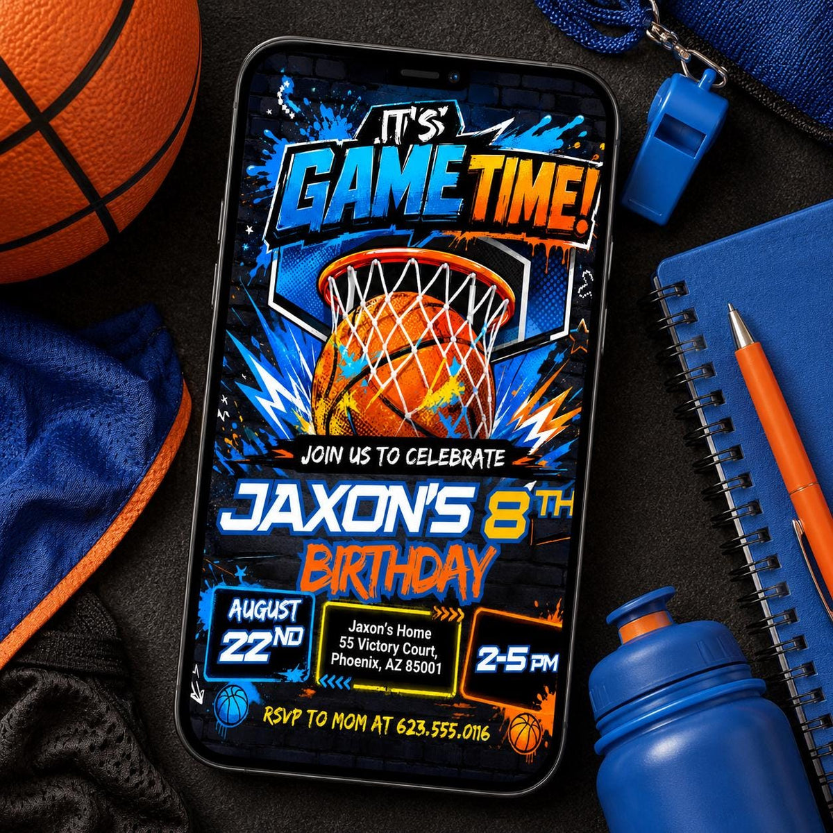 Blue and Orange Basketball 8th Birthday Invitation — 8th birthday party stationery by VoltBy