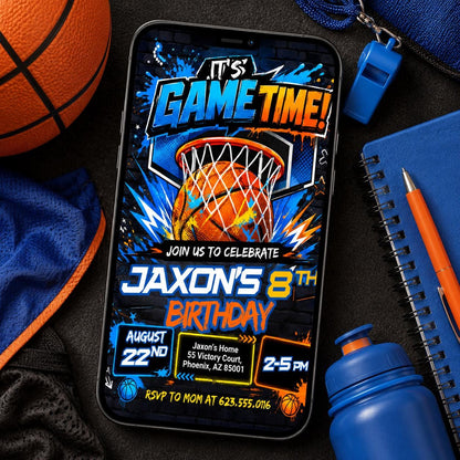 Blue and Orange Basketball 8th Birthday Invitation — 8th birthday party stationery by VoltBy