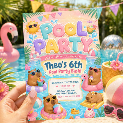 Capybara Pool Party 6th Birthday Invitation — invitation you personalize in Canva