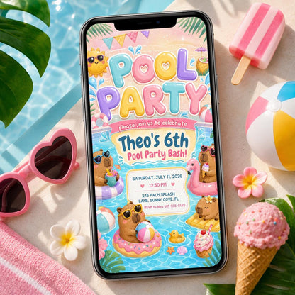 Capybara Pool Party 6th Birthday Invitation — pastel 6th birthday party design