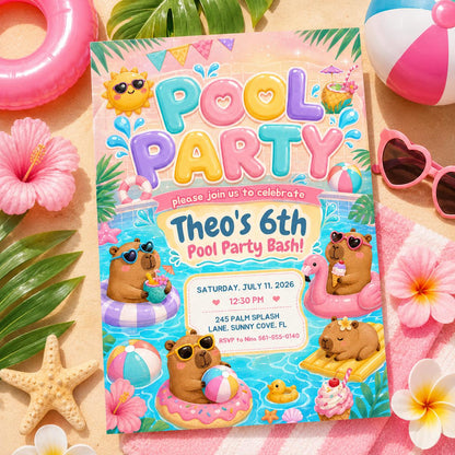 Capybara Pool Party 6th Birthday Invitation — print-ready 6th birthday party design from VoltBy