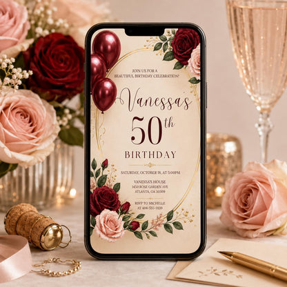 Burgundy Rose 50th Birthday Invitation — invitation you personalize in Canva