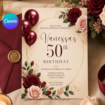 Burgundy Rose 50th Birthday Invitation — editable Canva template