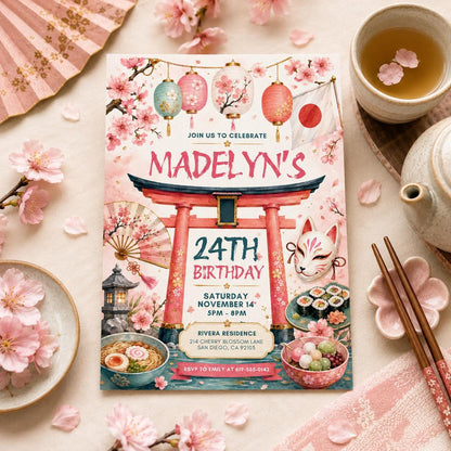 Japanese Themed Birthday Invitation, Hibachi Party Invite, Sushi Birthday, Asian Cherry Blossoms, Japanese Asian Themed, Editable Canva __etsy:8008696334