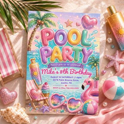 Pastel Pool Party 8th Birthday Invitation with Flamingos — invitation you personalize in Canva