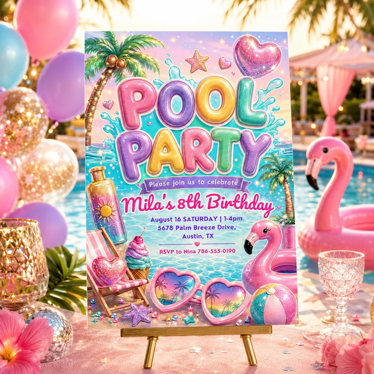 Pastel Pool Party 8th Birthday Invitation with Flamingos — beach artwork in blue and pink